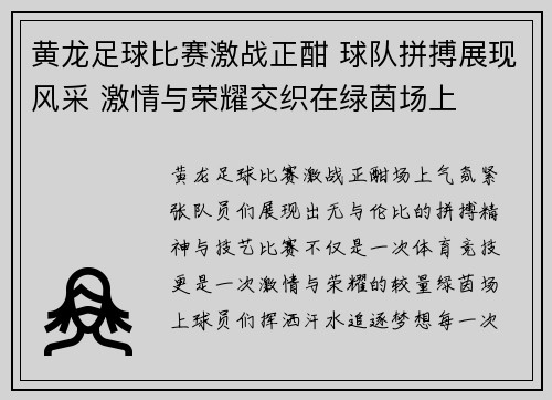 黄龙足球比赛激战正酣 球队拼搏展现风采 激情与荣耀交织在绿茵场上