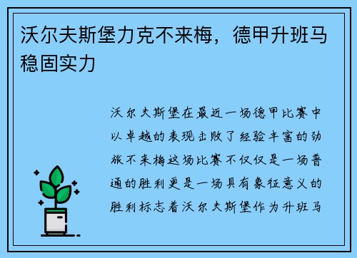 沃尔夫斯堡力克不来梅，德甲升班马稳固实力