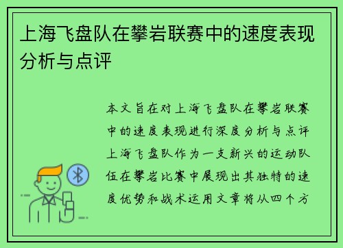 上海飞盘队在攀岩联赛中的速度表现分析与点评