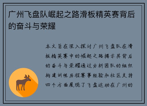 广州飞盘队崛起之路滑板精英赛背后的奋斗与荣耀